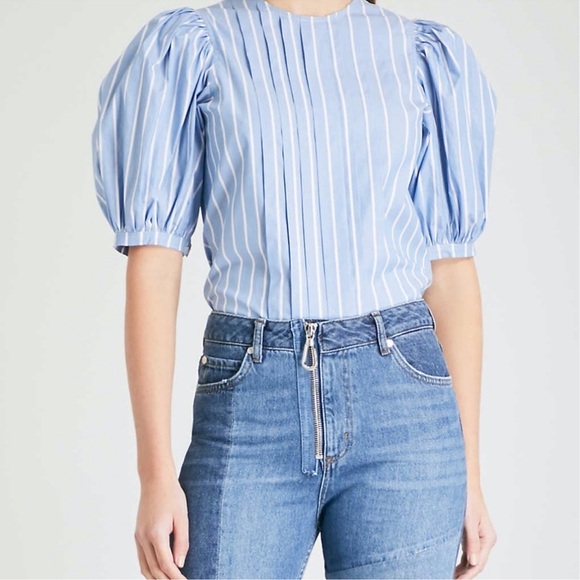 SANDRO Puff-ball sleeves blue stripe cotton blouse Size 3 (6US) - Picture 3 of 10